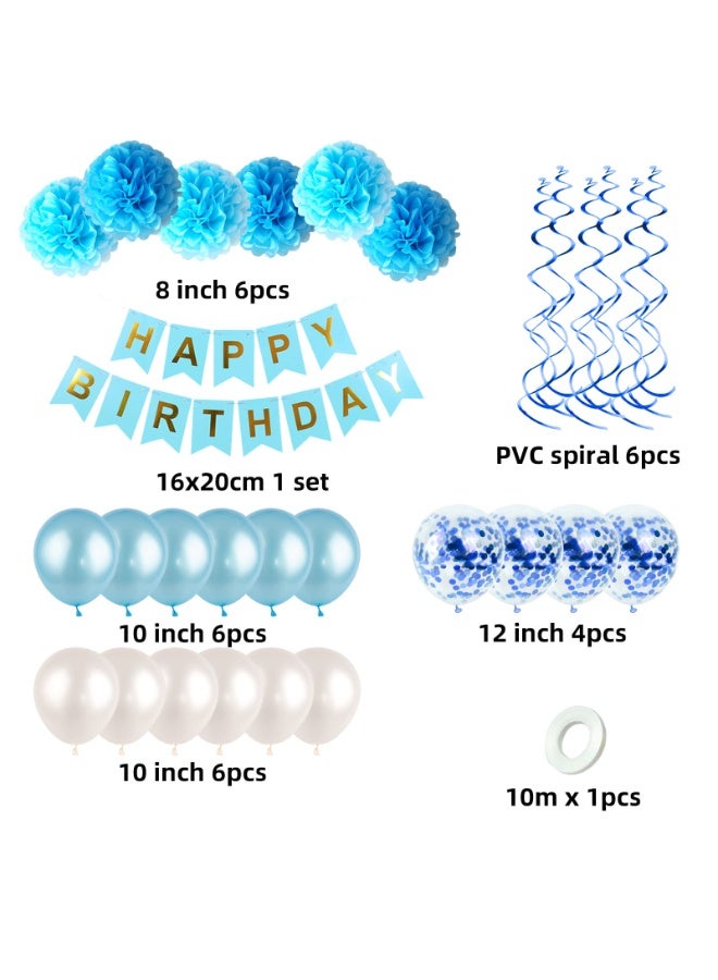 Mordely Blue Birthday Decorations Kit - HAPPY BIRTHDAY Banner, Spiral Charm, Paper Flower Ball and Balloons for Boys and Gilrs Birthday Party - Image 2